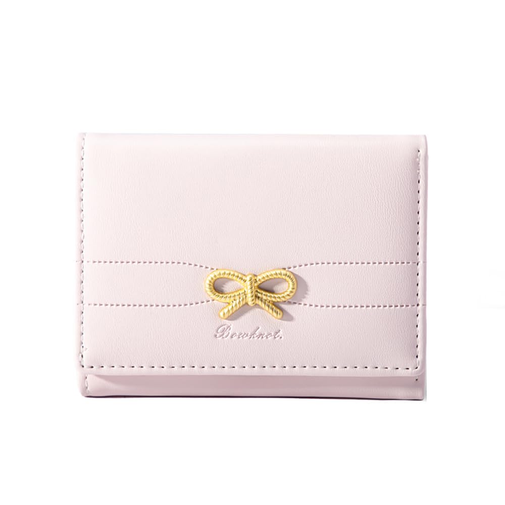 FEIBOON Cute Wallet Coquette Bow Small Wallet Tri-folded Aesthetic Bifold RFID Blocking Card Holder Leather Mini Short Coin Purse with ID Window for Women Girls Ladies -Pink