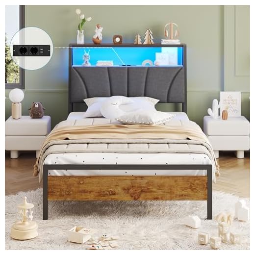 Brinlawb Cadre de Lit 90x190 avec sommier Métal, Lit 1 Personne avec lumières LED, Multiprise (2 Prises CA, 2 Ports USB) lit 90x190cm en métal avec Rangement, Facile à Assembler Marron Vintage+Gris