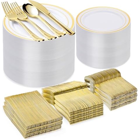 Bestvip 600PCS Gold Plastic Plate Set (100 Guests), Plastic Plates for Party Wedding Birthday, Disposable Dinnerware Set of 200 Plastic Plates, 200 Forks, 100 Spoons, 100 Knives Cover
