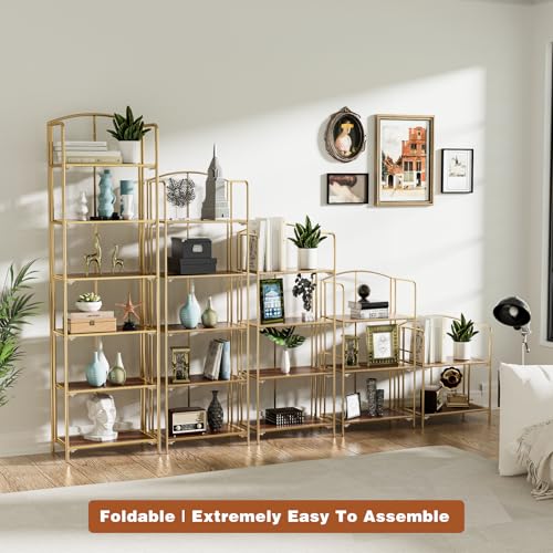 Crofy-4-Tier-Foldable-Bookshelf-Gold-Frame-Walnut-Shelves-No-Assembly-Collapsible-Portable-Storage-Organizer-Sturdy-Walnut-Finish-Shelves-Ideal-for-Living-Room-Home-Office