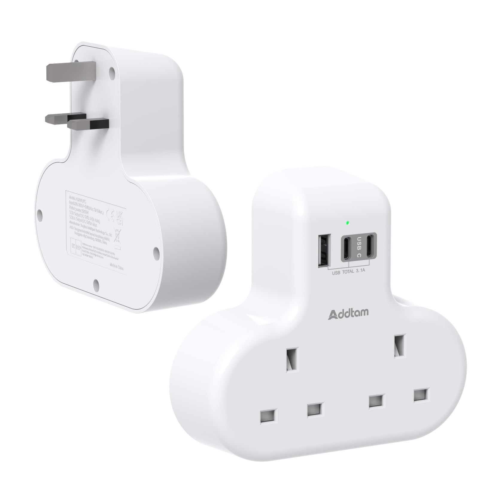 Addtam Double Plug Extension, 2 Way Multi Socket Adaptor with 3 USB Ports (2 USB-C), 13A UK 3 Pin Plug Extension for Home, Office, Travel & School Supplies [2 Pack]