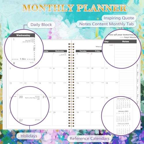 2025-2026 Monthly Planner - JAN 2025 - DEC 2026, 24-Month Planner, 2-Year Monthly Planner 2025-2026, 9" x 11", Monthly Planner with Tabs, Contacts + Back Pocket + Twin-wire Binding - Oil Painting