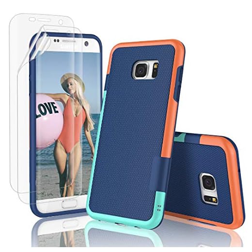 Jeylly Case for Galaxy S7 Edge Case,with 2 Pack HD Soft Screen Protector, Contrasting Colors Ultra Slim One-Piece Anti-Slip Rugged Soft TPU Bumper Shockproof Case Cover for Galaxy S7 Edge - Blue