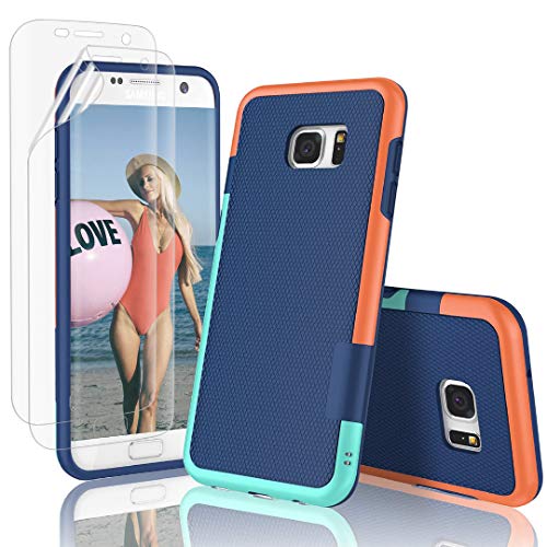 Jeylly Case for Galaxy S7 Edge Case,with 2 Pack HD Soft Screen Protector, Contrasting Colors Ultra Slim One-Piece Anti-Slip Rugged Soft TPU Bumper Shockproof Case Cover for Galaxy S7 Edge - Blue