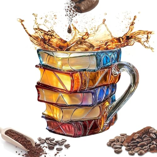 xinrongda Painted Book Mug Novelty Coffee Mugs Novelty 3D Painted Book Coffee Cup Colorful Glass Book Lovers Drinking Cup with Handle Collection Gift for Readers Librarians Literature Lovers