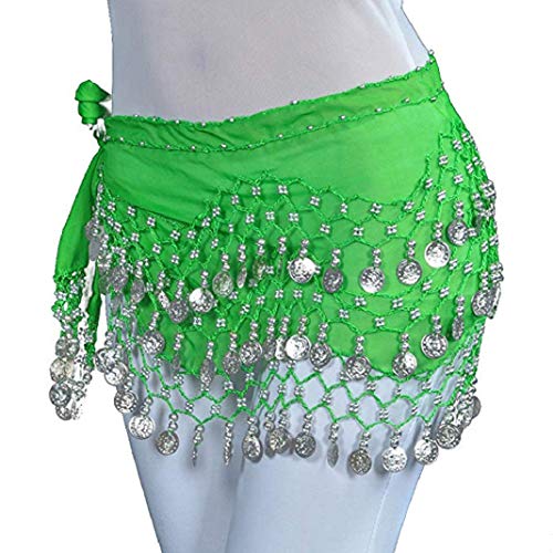 Preisvergleich Produktbild URSING Mode Bauchtanz Hüfttuch Wickelgürtel Tribal Schärpe Rock Silber 128 Münzen Professionelle Bauchtanz Hüfttuch / Wrap / Gürtel Münzgürtel Chiffon Rock Belly Dance Bauchtanz Kostüm (Grün)
