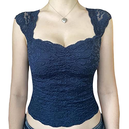 Edhomenn Women's Sheer Lace Tops 2024 Short Sleeve Open Back Fashion Slim Fit T-Shirts Y2k Sexy Blouses Streetwear (01 Blue, M)