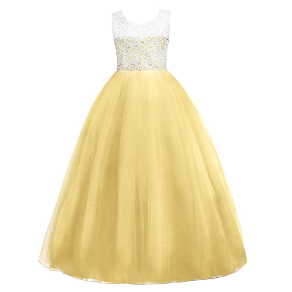 IWEMEKFlower Girls Vintage Lace Maxi Bridesmaid Dress Princess Birthday Wedding Party Tulle Pegeant Evening Formal Prom Dance Gown