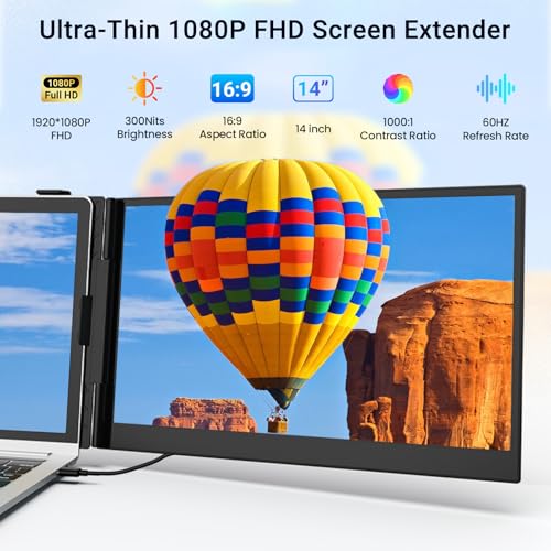 Image of Laptop Screen Extender, 14 inch FHD 1080P Laptop Monitor Extender, Ultra-Thin Portable Monitor for Laptop with USB-C /HDMI Port, Plug & Play for Windows /Mac /Android /Switch /PS5 /Chrome