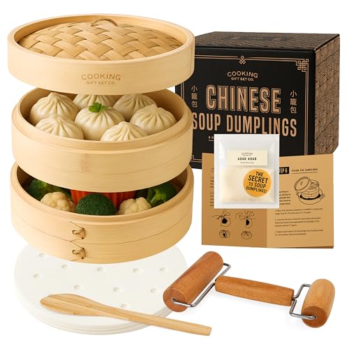 Cooking Gift Set Co. Bamboo Steamer Basket Soup Dumpling Kit - 2 Tier 8-Inch Dumpling Steamer for...