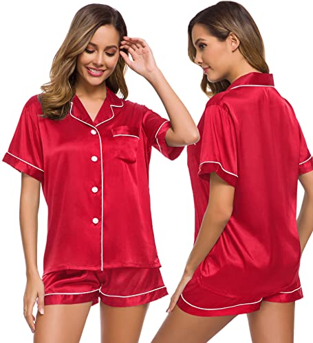 Image of SWOMOG Womens Silk Satin Pajamas Set Short Sleeve Sleepwear Button Down Top and Shorts Loungewear 2 Piece Pjs Set XS-3XL
