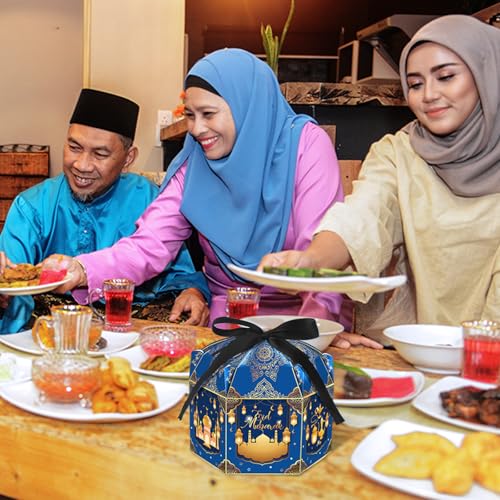 Jremreo 12 Pack Ramadan Eid Mubarak Treat Boxes - Gold Lantern and Moon Design, Hexagonal Paper Boxes with Ribbons, Muslim Holiday Party Candy Containers for Eid Al-fitr - Image 7