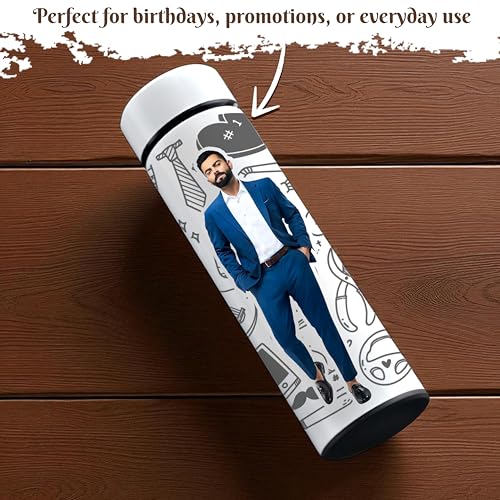 Image of Savri Personalized Stainless Steel White Water Bottle with Your Photo /Wishes /Logo Printed Best for School Going Kids /Return Gift /Christmas /New Year /Festival Gift Item | 500ml (Him)