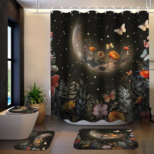 XSWPL Black Moon Shower Curtain Set 4 Pcs With Rugs and 12 Hooks - Bathroom Decor Set