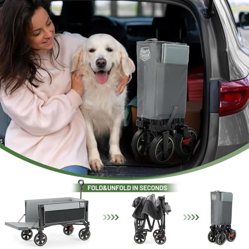 Timber Ridge 49\" Extra Long Collapsible Folding Wagon with Tailgate and Brakes, 300lbs Heavy Duty Foldable Wagon with Adjustable Handle, 250L Capacity Portable Cart for Outdoor Camping Sports, Grey