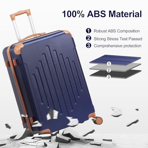 Karl home Luggage Set 3 Piece Suitcase Sets with TSA Lock Moulded Corner 4 Spinner Wheels, ABS Hardside Trolley Travel Case for Carry On Check-in Business Trip, Navy Blue & Brown (20/24/28)4