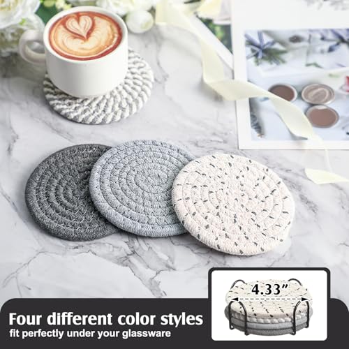 8 Pcs Boho Round Woven Placemats Set of 4/6/8,Trivets for Dishes, Heat Resistant Hot Pads,11.8" Woven Cotton Rope Round Placemats with Basket, 4.3" Drink Coasters with Holder (Grey Series) by SiliFine - Image 4