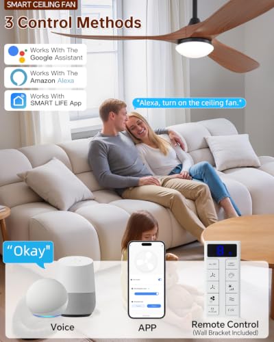 Image of Sofucor 60 Inch Smart Ceiling Fan with Lights, 3 ABS Blade, Indoor /Outdoor | Alexa /APP /Remote Control, Modern, Quiet DC Motor, 3CCT Dimmable, 6 Speeds, Timer, Bedroom /Living Room /Patio /Kitchen, Brown