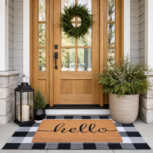 Fallovea Front Door Mat Combo Set, Hello 100% Coco Coir Welcome Doormat + 28" x 43" Layered Buffalo Black and White Plaid Rug, Spring Thanksgiving Front Porch Entryway Decor Indoor Outdoor Floor Mats