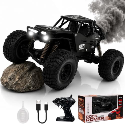 Image of Big Black Remote Control Car | Rock Crawler | LED Headlight | Rechargeable Battery with Type c Charger | 100m Range | Smoke | Toy Car for Kids & Boys 7-14 Years | Birthday Gift for Kids