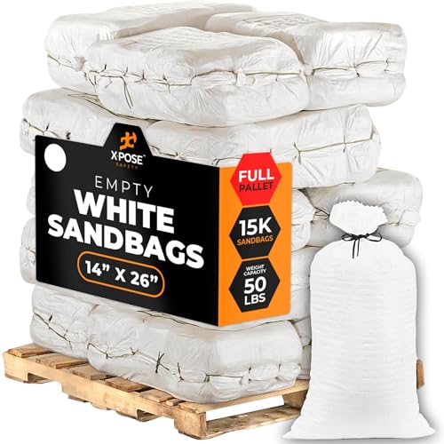 Image of Xpose Safety Heavy Duty Sand Bags with Tie Strings - Empty Woven Polypropylene Sandbags for Hurricane Flood Protection, 50 lb Capacity, 14 inch x 26 inch, White, Bulk Full Pallet Pack of 15000