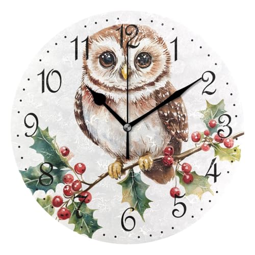 Mnsruu Horloge murale décorative en forme de chouette sur branche de pomme de pin, silencieuse, sans tic-tac, fonctionne à piles, 25 x 25 cm