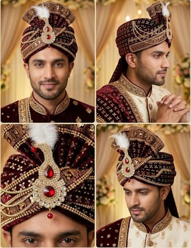 Image of BookMyCostume Dulha & Royal Wedding Turban Collection - Premium Silk, Velvet, Zari Work Safa with Kalgi & Brooch - Traditional Indian Dulha Pagdi /Sehra Perfect for Weddings & Role Plays for Men & Kids