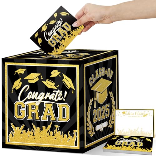 Image of Graduation Card Box 2026 Black and Gold Class of 2026 Card Box with 30PCS Graduation Advice Cards for Congrats Grad Party Favors Supplies