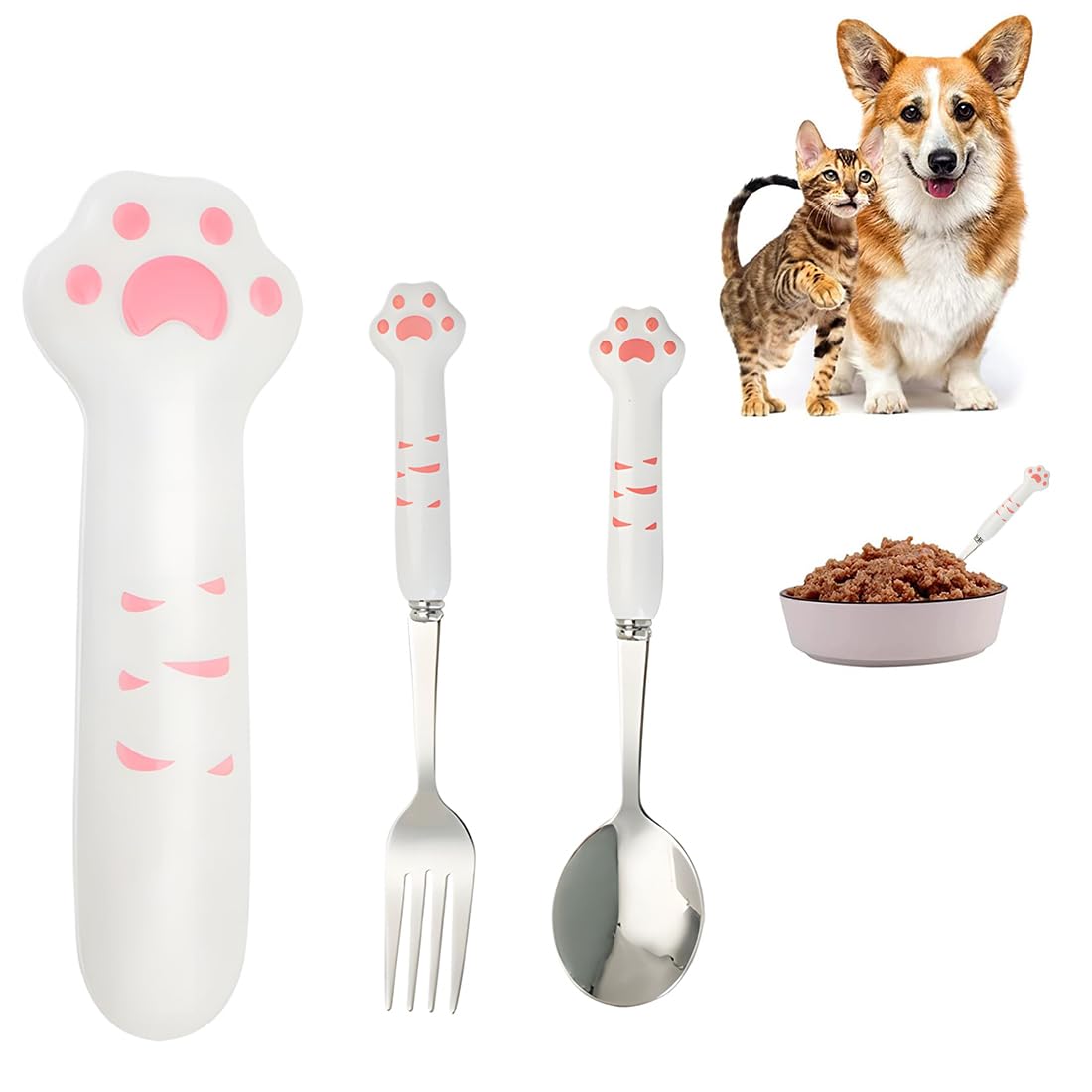 FENQURO 2 x Measuring Cups for Dogs Long Spoons for Pets and Fork for Pets Stainless Steel Measuring Spoons for Cats Wet Foods (Pink)