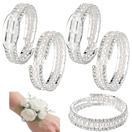 Hotop 4 Set Rhinestone Pearl Corsage Wrist Bracelet Bands Silver Bride Bracelet Adjustable Wrist Corsage DIY Wedding Wristband Accessory for Bridal Party Prom