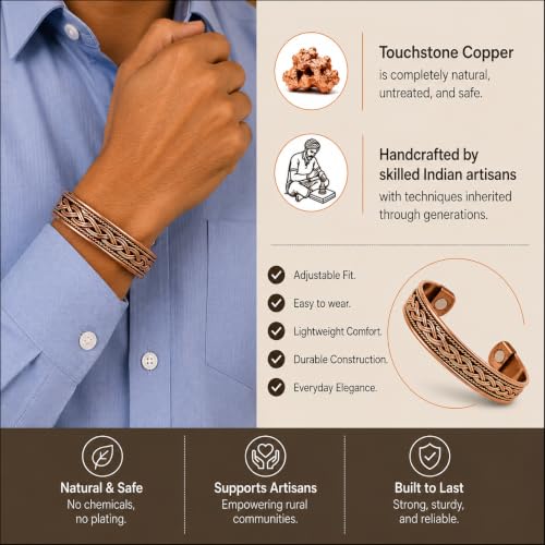 Image of Touchstone Copper magnetic bracelet Tibetan style. Hand forged with solid and high gauge pure copper. Elegant braid pattern.