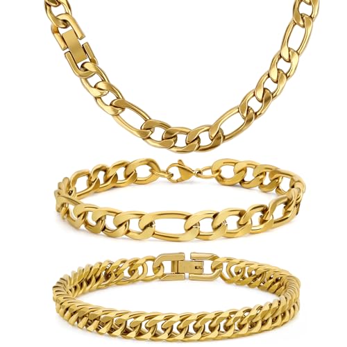 3PCS Figaro Necklace Bracelet Cuban Bracelet, Silver Gold Black Sturdy 316L Stainless Steel Cuban Link Figaro Chain for Men Jewelry Set with Gift Message Card 8mm, 7/8/9 Inches