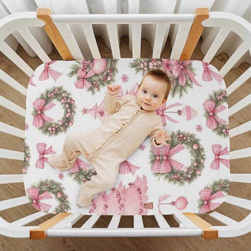Image of Caikeny Fitted Crib Sheet for Boys Girls Christmas Wreath Tree Pink Bow Baby Crib Sheets Bassinet Sheets Crib Mattress Bed Sheets for Toddler Newborn Infant 52 X 28 in