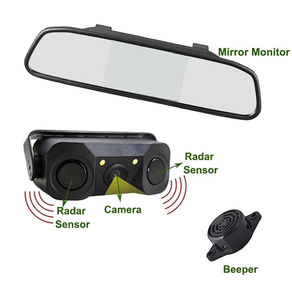 Baceyong Monitor LCD per specchietto retrovisore auto da 4,3 pollici + telecamera di retromarcia a 170°, sensore radar di parcheggio, telecamera posteriore + monitor LCD per specchietto retrovisore