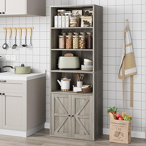 IDEALHOUSE Bookcase with Doors Industrial Bookshelf 11.8in Depth Display Storage Shelves 71.4in Tall Farmhouse Bookcases Wooden 6 Shelf Bookshelvels for Bedroom, Living Room, Home Office, Grey