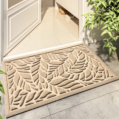 Bulijojo Front Door Mat Entrance,Durable Heavy Duty Welcome Mat,Thick Absorbent Natural Rubber Non Slip Mat,Sturdy Entryway Beige Leaves,23x35