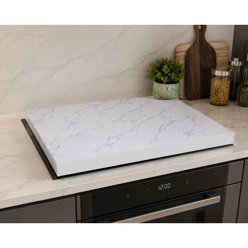 Coprifornello in Legno Ultraresistente 90x54x7,5 cm – Copripiano Cottura Effetto Marmo Marmorizzato – Protezione Piano Cottura Cucina – Variante Oro o Silver (Silver)