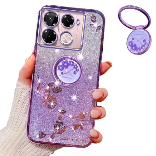 MRRSIWEI for Infinix Note 40 Pro 4G / 5G Case for Women Girls, Luxury Plating Bling Glitter Sparkle Flowers Shockproof Case with Ring Stand for Infinix Note 40 Pro 4G / 5G.Flowers Purple
