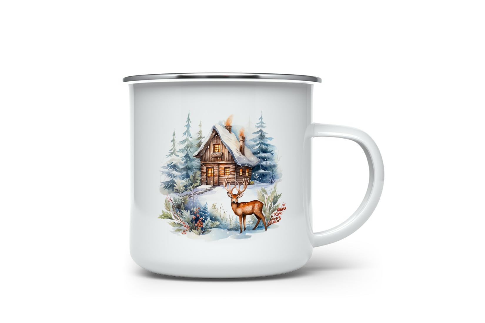 MAXIKIWI - Durable Enamel Coffee or Tea Camping Mug for Indoor Outdoor Use - Winter Forest Animals - 350ml