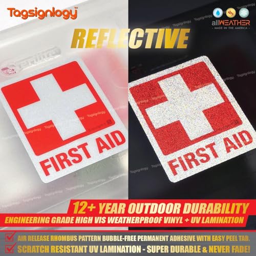 Image of [Reflective] First AID UV Weatherproof Vinyl Stickers (6 pcs) (2.50 x 2.00 inch) High Visibility Engineer Grade [12-Year Fade-Proof Guarantee] Medical Box Safety Kit Label Sign