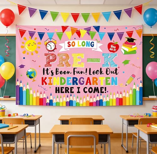 Image of PRE-K Graduation Decorations 2026,Preschool Graduation Banner Decorations,So Long Pre-k It's Been Fun Look Out Kindergarten Here I Come Photo Backdrop for Home School Classroom Party Supplies PKB