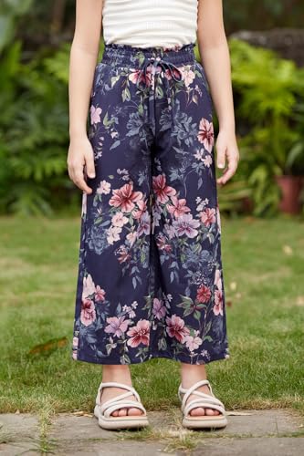 Image of Girls Summer Floral Wide Leg Pants High Waisted Flowy Dress Trousers with Pockets for School Lounge Beach 5-14 Years