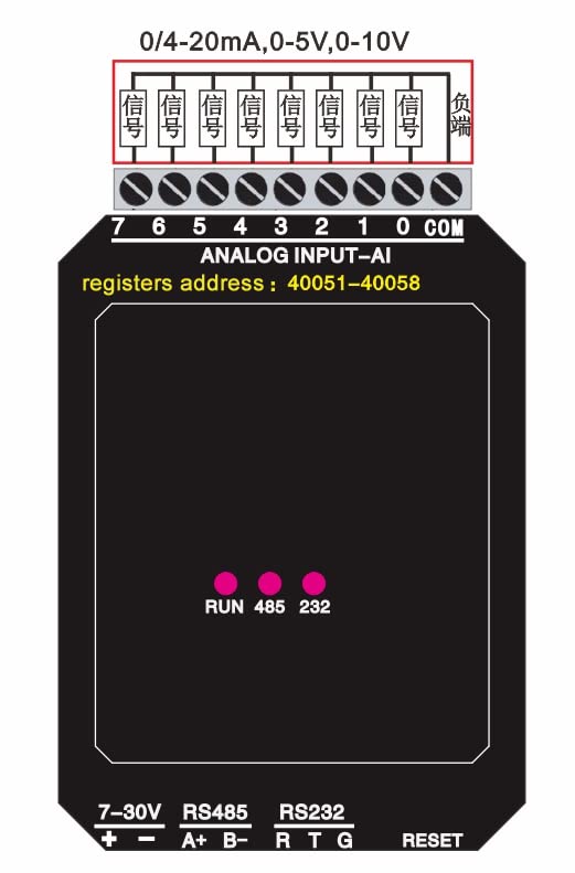 CWT-MB307B wiring diagram with analog input and Modbus register addresses
