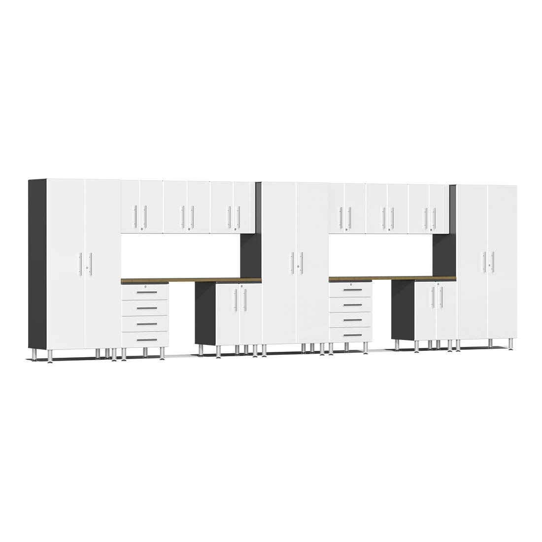 Ulti-MATE UG22152W 15-Piece Garage Cabinet Kit with Bamboo Worktops in Starfire White Metallic