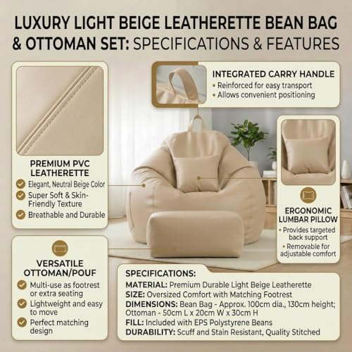 Image of KAM'S LIEU 5XL Luxury Faux Leather Bean Bag with Footrest & Cushion | Pre-Filled High-Density Polystyrene Beans | Premium Leatherette | 6 Months Warranty Color- (Cream, with Footrest)