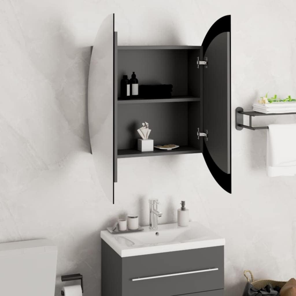 Wall-Mounted Bathroom Cabinet with Round Mirror and Built-in LED Lights, Grey Engineered Wood, Glass, and PVC Storage Cabinet with Two Adjustable Shelves and Copper Finish,