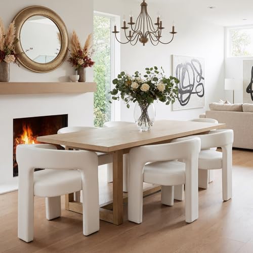 Image of HNY Modern Barrel Kitchen & Dining Room Chairs Set of 4, PU Leather Upholstered Accent Chairs with Arm, 18.5'' Wide Side Armchairs Vanity Chairs for Living Room Bedroom Makeup Small Spaces, White