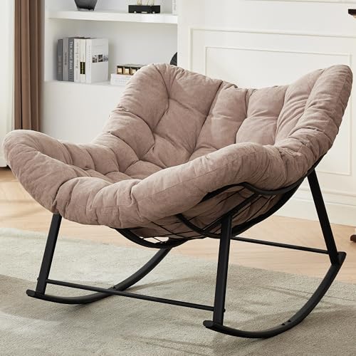 Mangodan Oversized Rocking Chair Indoor, Lounge Chair with Cushion, Papasan Rocking Chair Outdoor,Comfy Reading Chairs for Bedroom, Patio Egg Rocker Chairs, Garden, Living Room, Lawn, Khaki
