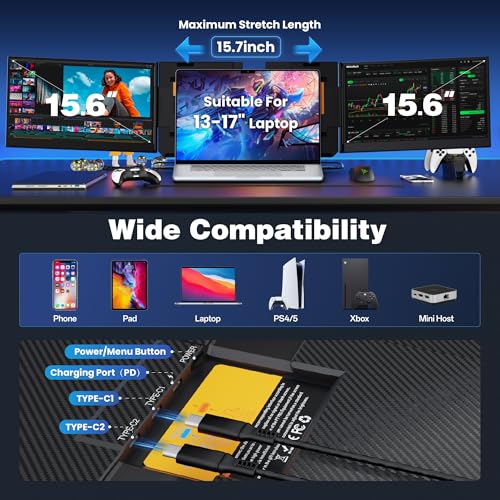 Image of CIDETTY New Upgrad Laptop Screen Extender Monitor Portable, Ultra Light & Thin Triple Portable Monitor for Laptop 1080P FHD IPS Display for 13-17 inch Laptop, Plug & Play Compatiable with Win /Mac /Chrome