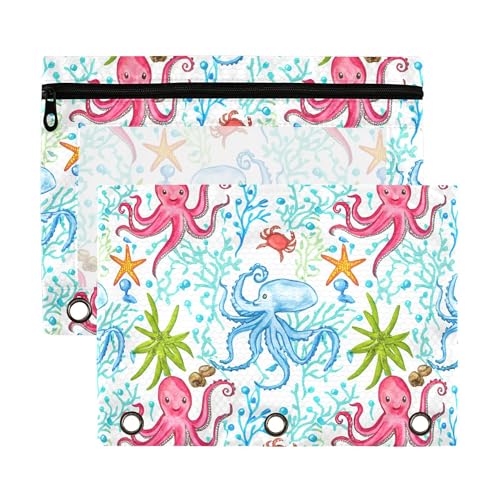 xigua Colorful Octopuses Pencil Pouch Fits Standard 3-Ring Binders with Clear Window, 2 Pack Zipper Binder Bag for Office